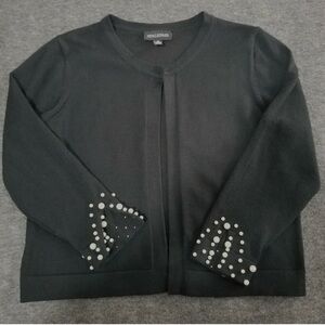 Nina Leonard Black Top with Pearl Cuff Details